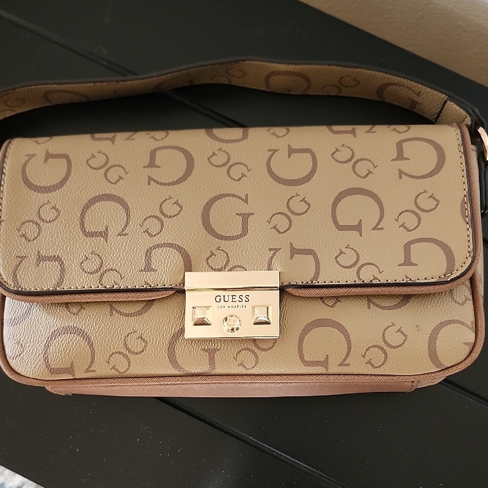 Vintage GUESS Y2K Monogram Baguette Shoulder Bag Brown Logo Purse Gold Hardware - Picture 2 of 14